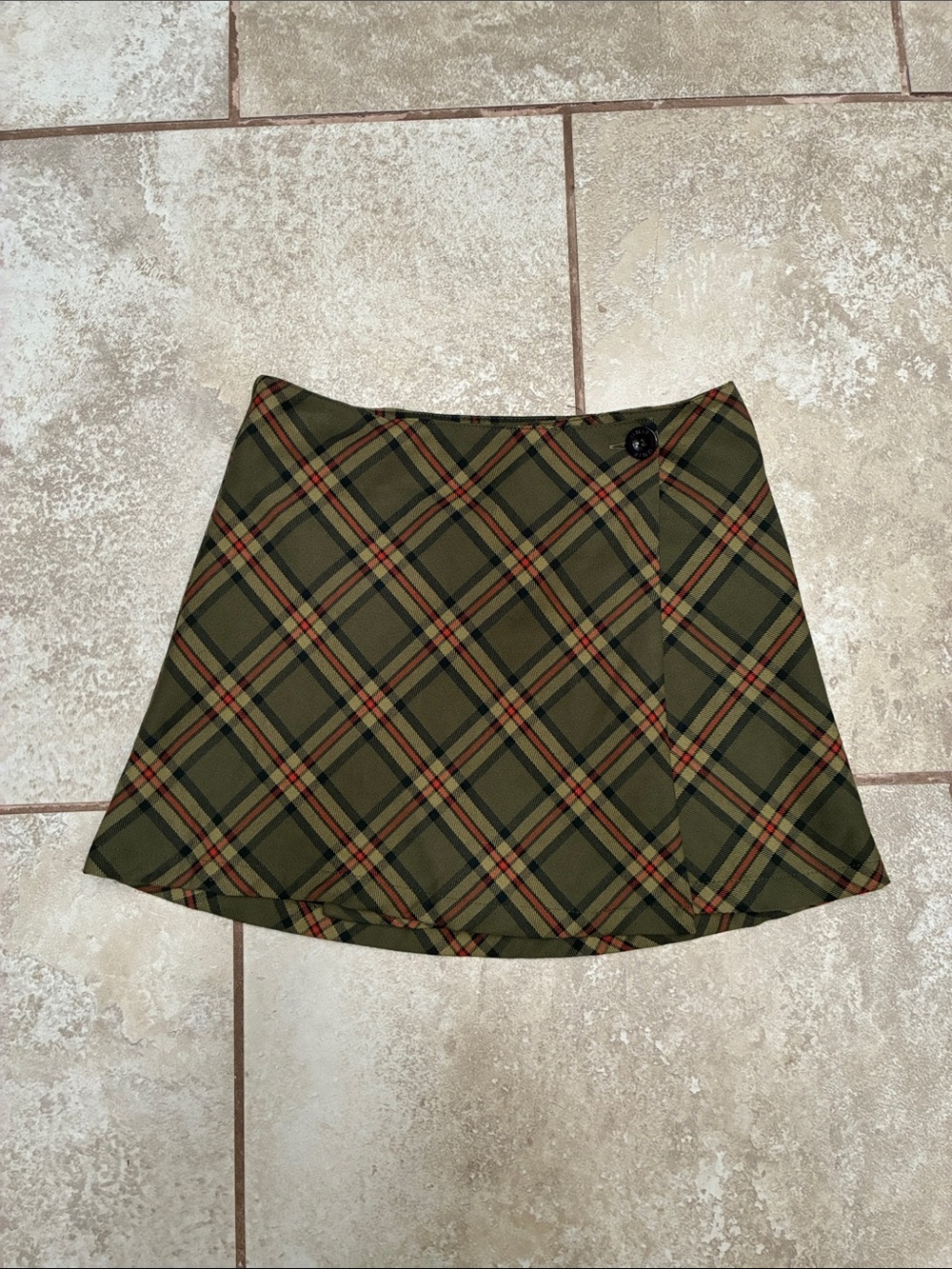 UNIF Olive Plaid Mini Skirt with Button Detail